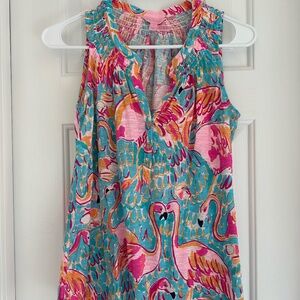 Lilly Pulitzer Pink Kissing Flamingo Smocked Top Gold Buttons - Size Small